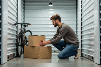Jeune homme arrangeant des cartons dans un espace de stockage