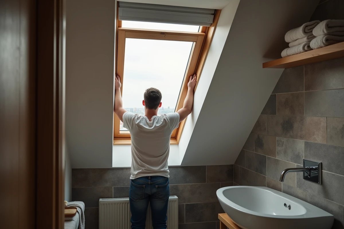 Jeune homme ouvre une fenêtre de toit dans une salle de bain