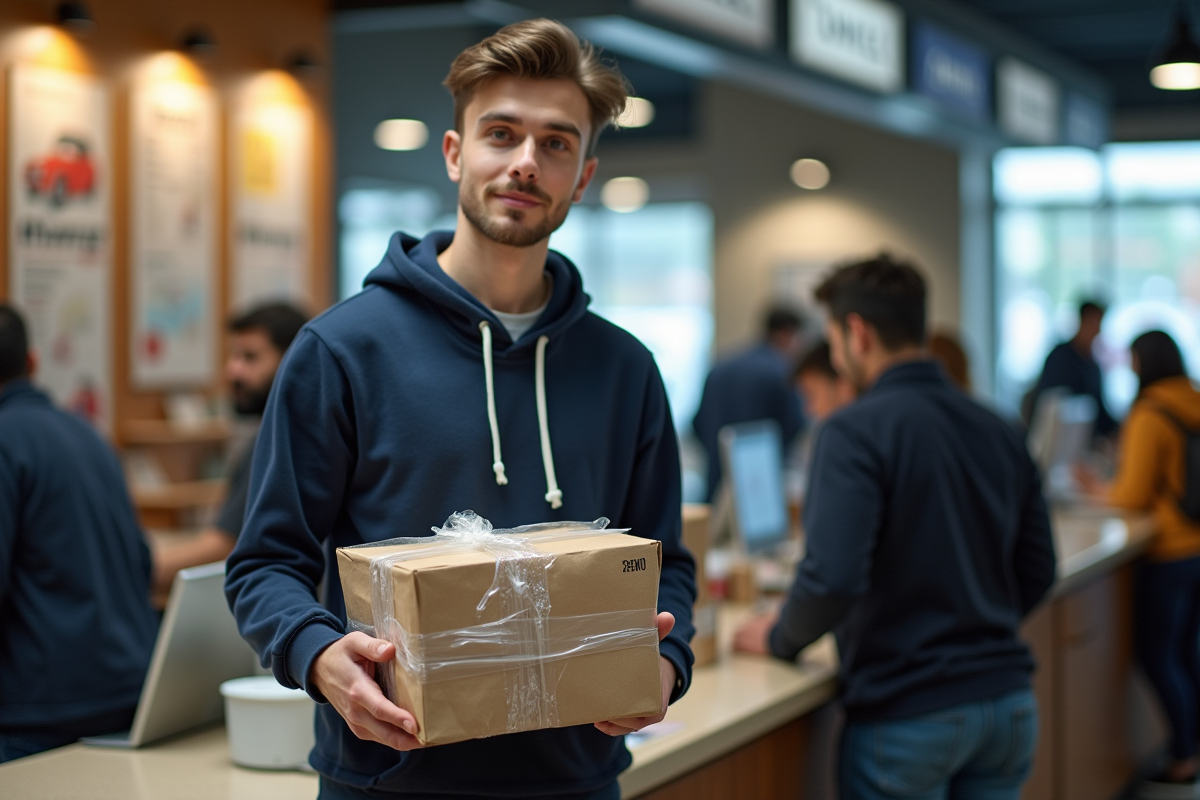 Jeune homme au bureau de poste avec un colis emballé