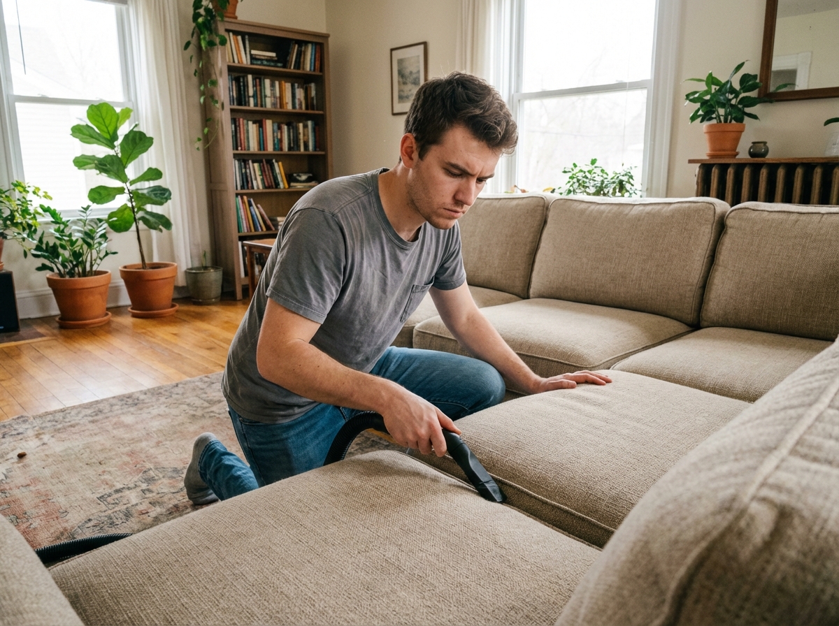Jeune homme aspirant un canapé en tissu beige dans le salon