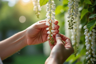 Mains tenant un jeune brin de wisteria en plein jour