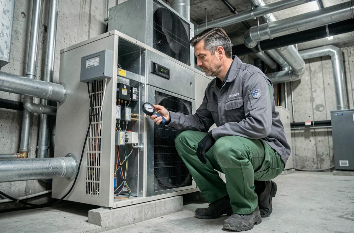 Technicien JLF Energie SARL vérifiant une centrale de traitement d'air dans une chaufferie commerciale