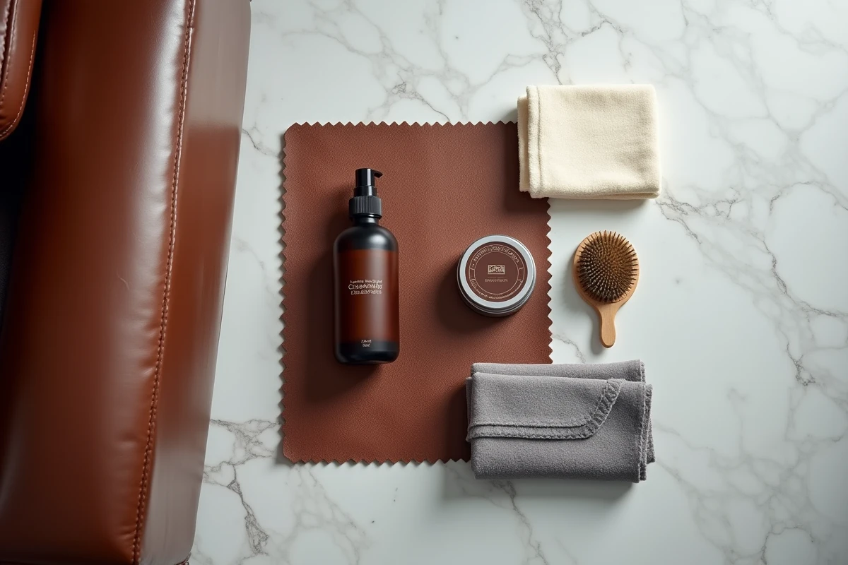 Kit d'entretien cuir haut de gamme avec nettoyant, baume conditionneur et chiffons microfibre sur marbre
