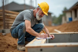 Maçon expérimenté mesurant un coffrage en bois sur un chantier pour calculer le volume de béton nécessaire
