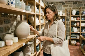 Femme dans un magasin de décoration à Lyon examinant des céramiques artisanales avant un achat