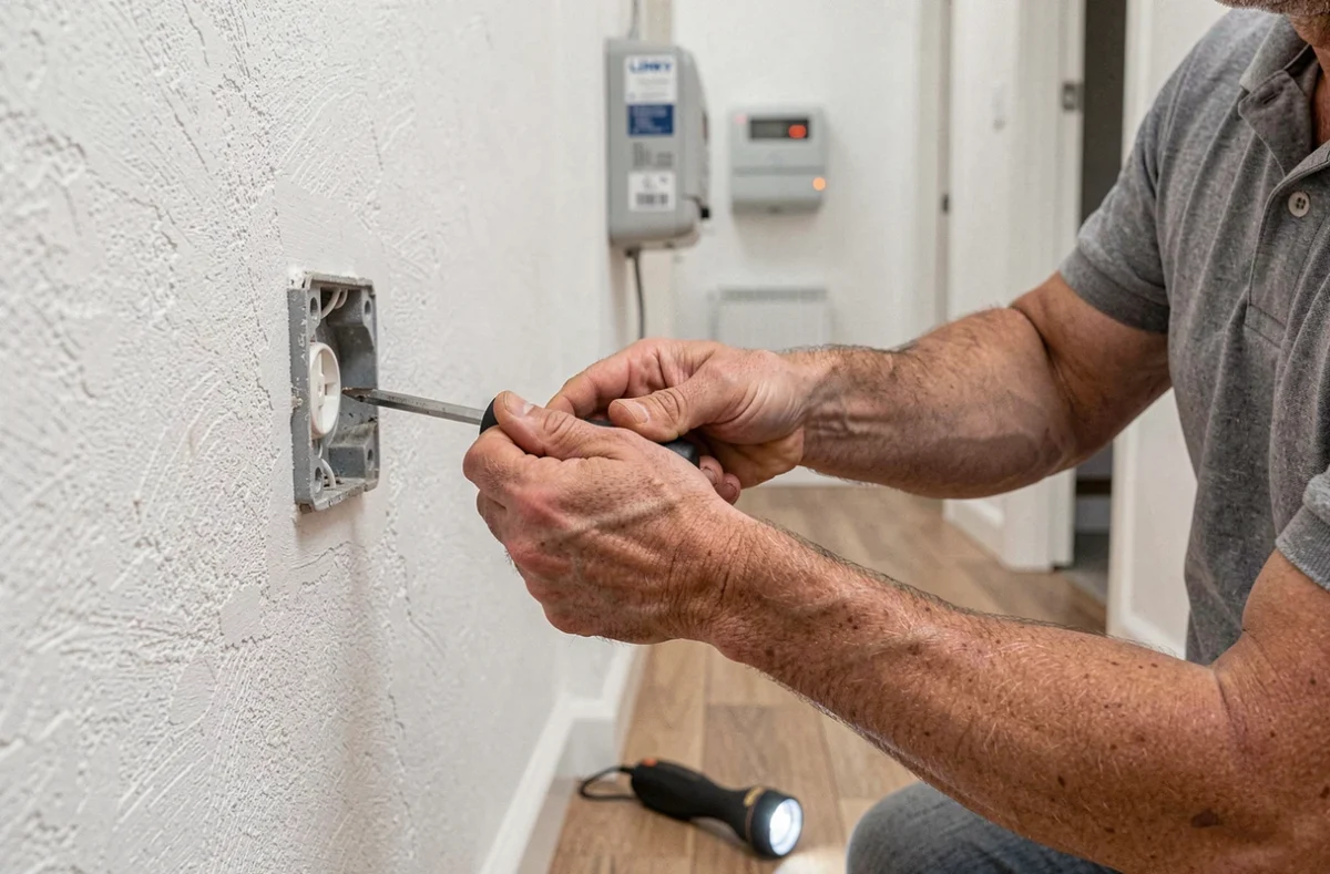 Mains d'un électricien amateur déconnectant une prise murale après avoir coupé le compteur Linky pour une installation sécurisée