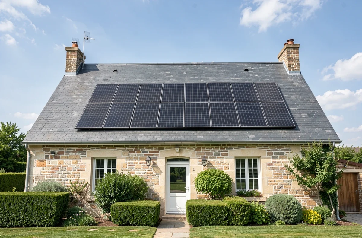 Installation complète de panneaux solaires 3 kWc sur toiture ardoise d'une maison en pierre française