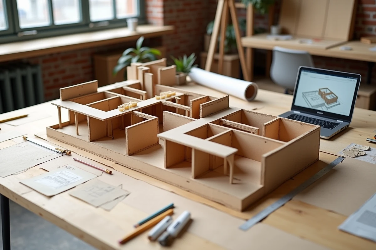 Maquette architecturale en coupe montrant la différence entre murs de refend porteurs et cloisons non porteuses