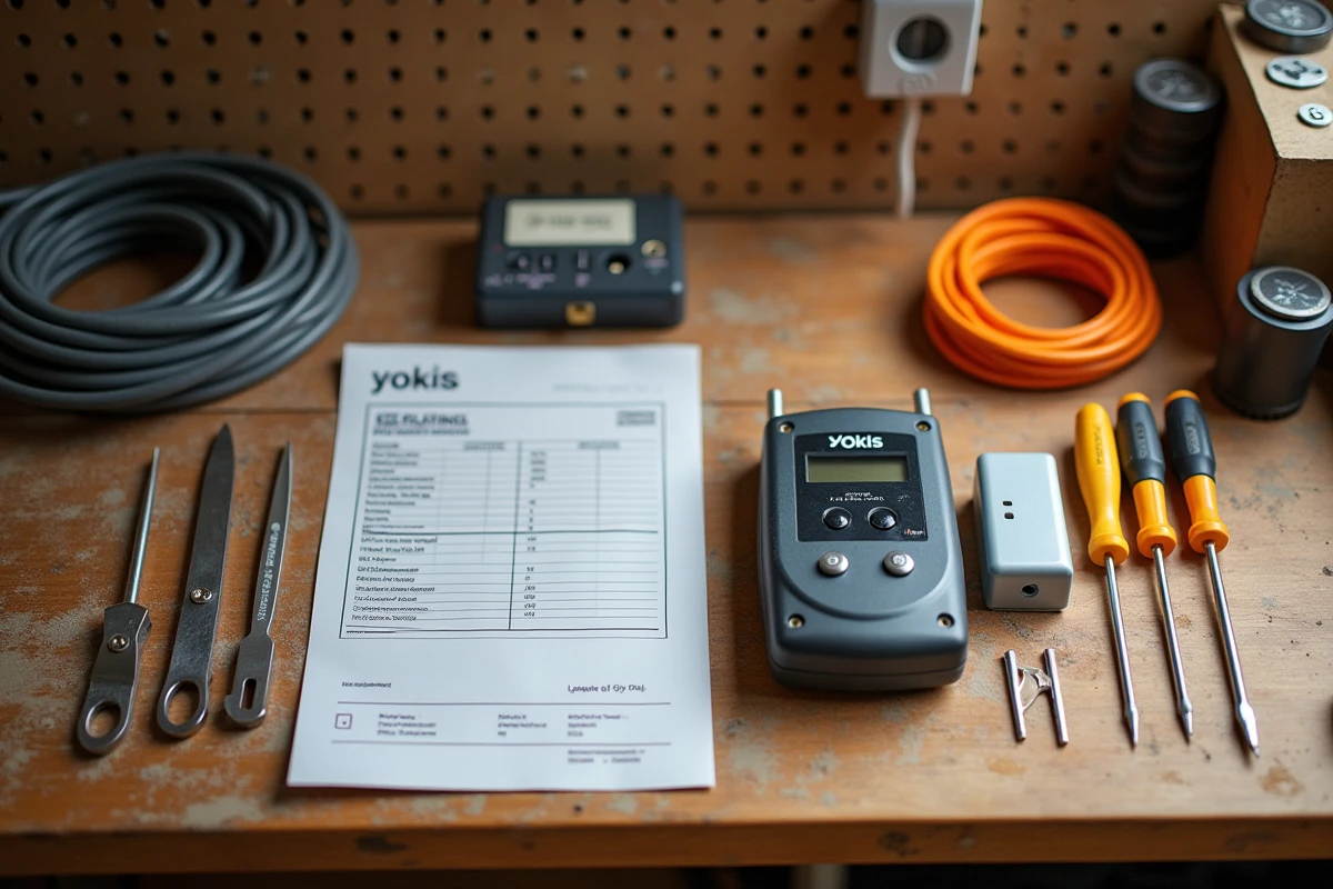 Kit de matériel Yokis va-et-vient posé sur un établi avec outils d'électricien et devis de pose détaillé
