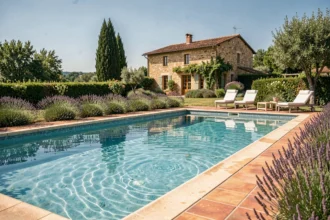 Vue grand angle d'une belle piscine résidentielle en Haute-Garonne entourée de végétation méditerranéenne et d'une maison en pierre traditionnelle