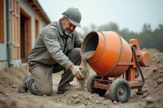 Ouvrier mélangeant du ciment et du sable dans une bétonnière sur un chantier de fondations