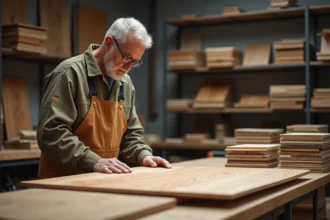 Homme menuisier examinant une planche de veneer dans son atelier