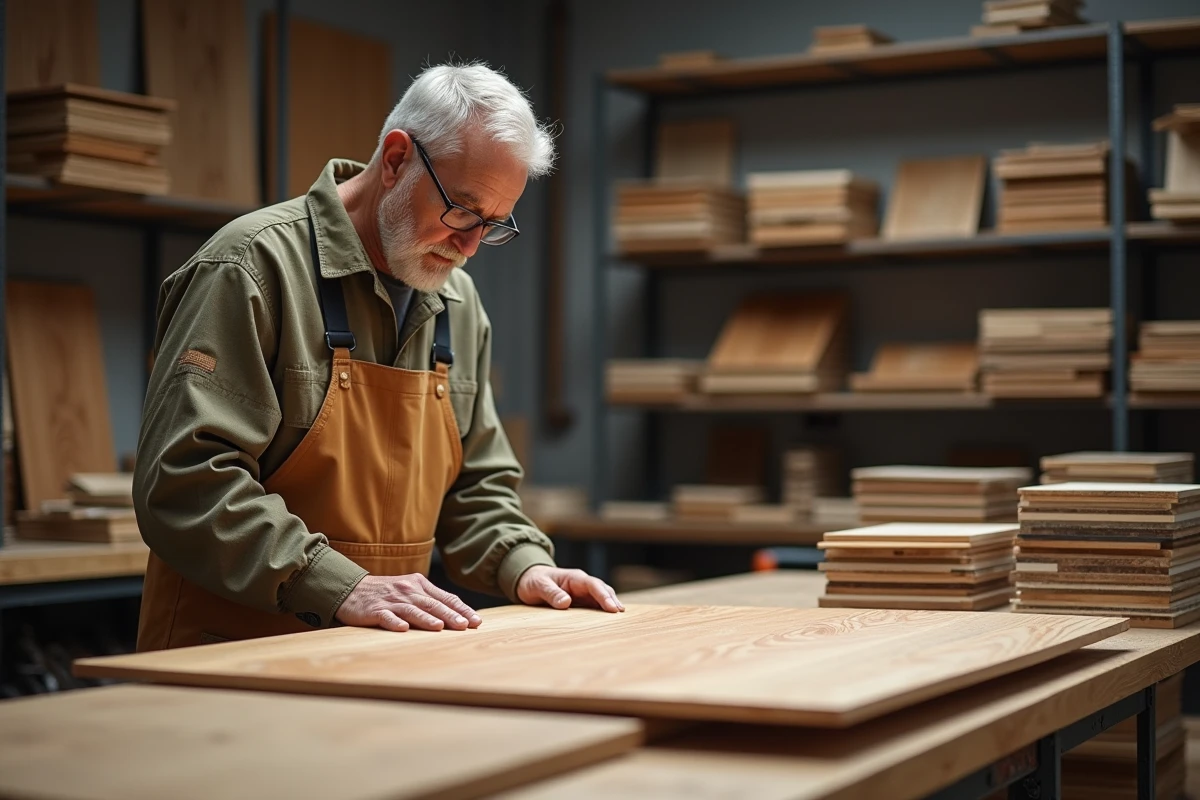 Homme menuisier examinant une planche de veneer dans son atelier