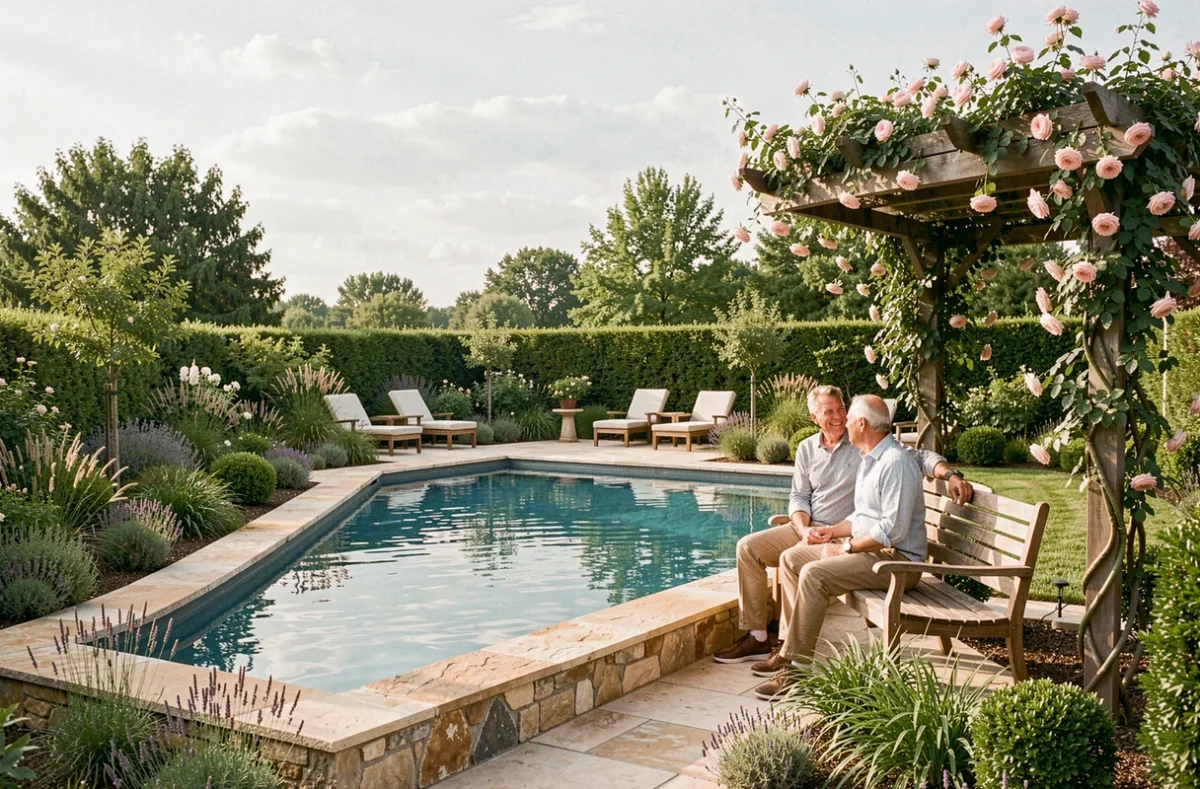 Jardin entièrement repensé avec piscine en pierre naturelle et pergola fleurie par Métamorphose Piscines et Jardins près de Toulouse