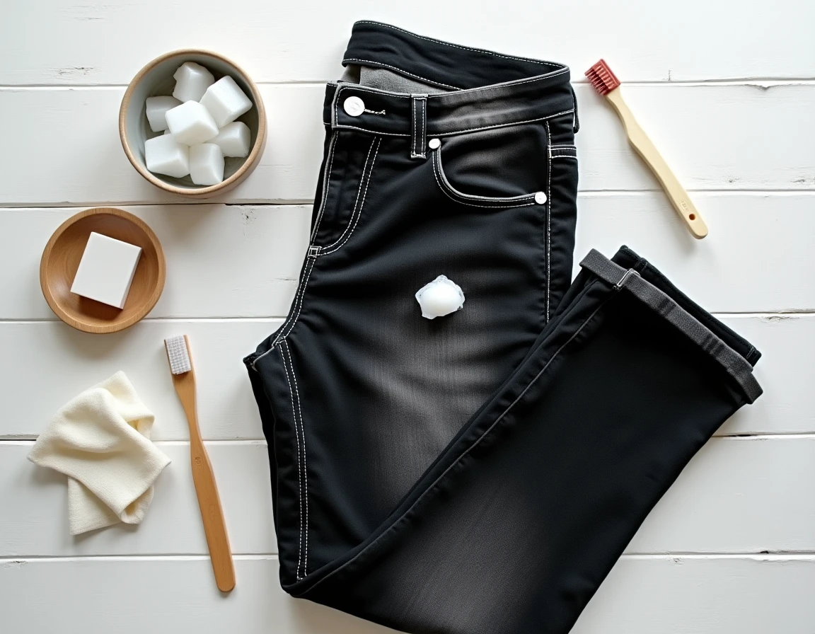 Vue de dessus d'un jean noir avec du chewing-gum et outils pour le retirer posés sur une table en bois blanc