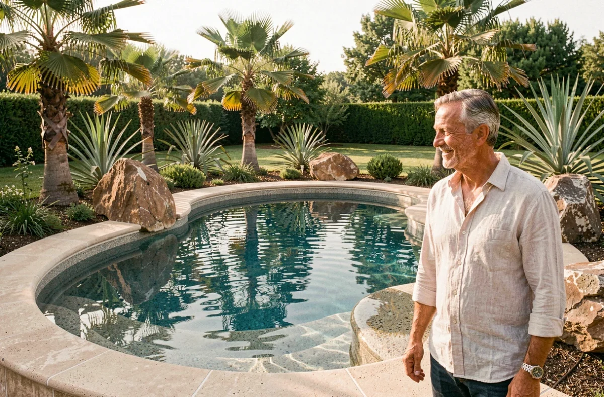 Piscine de forme libre style lagon avec finition en galets et aménagement tropical réalisée par Miraglia dans un jardin toulousain
