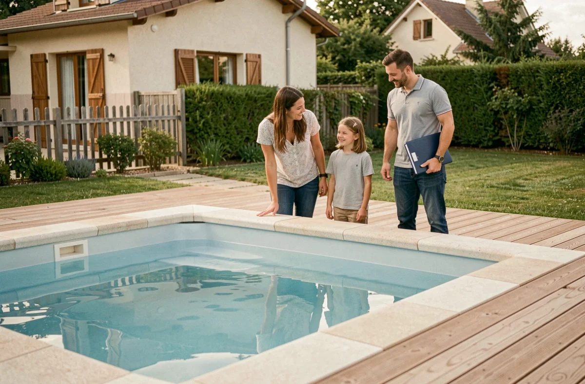 Piscine résidentielle compacte avec liner lisse et terrasse en bois construite par Mlifbat pour une famille en Haute-Garonne