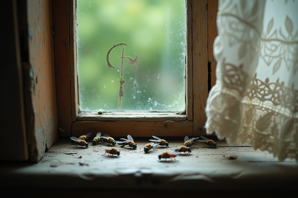 Mouches posées sur une vieille fenêtre en campagne