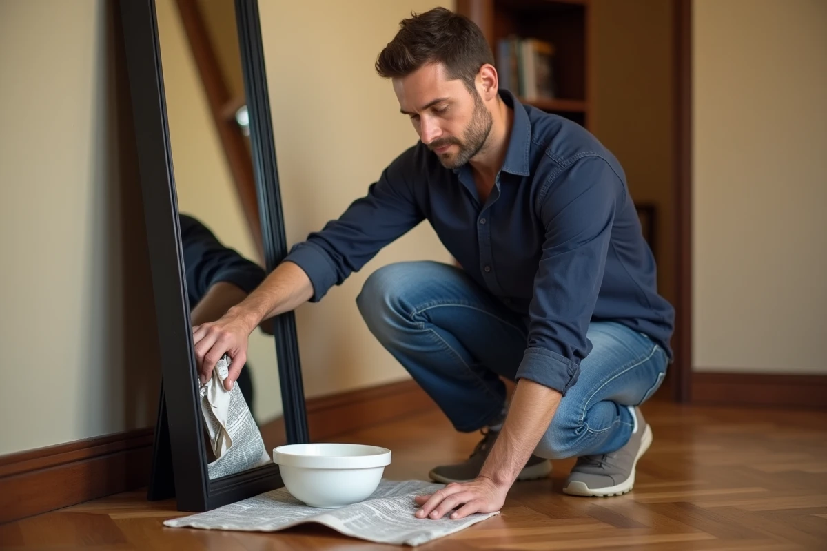 Homme nettoyant un grand miroir sur pied avec du vinaigre blanc et du papier journal dans un salon