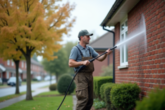 Homme en overalls nettoyant une façade en briques d'une maison de banlieue