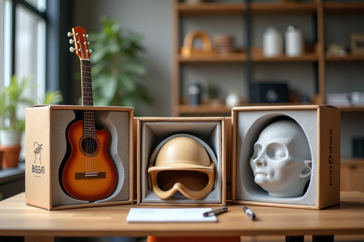 Objets insolites emballés dans des cartons avec mousse dans un espace de travail