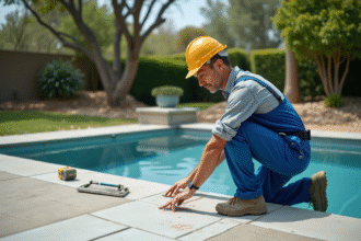 Ouvrier en bleu posant des carreaux sur une piscine en béton