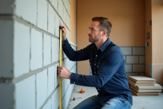 Ouvrier de construction mesurant un mur en béton