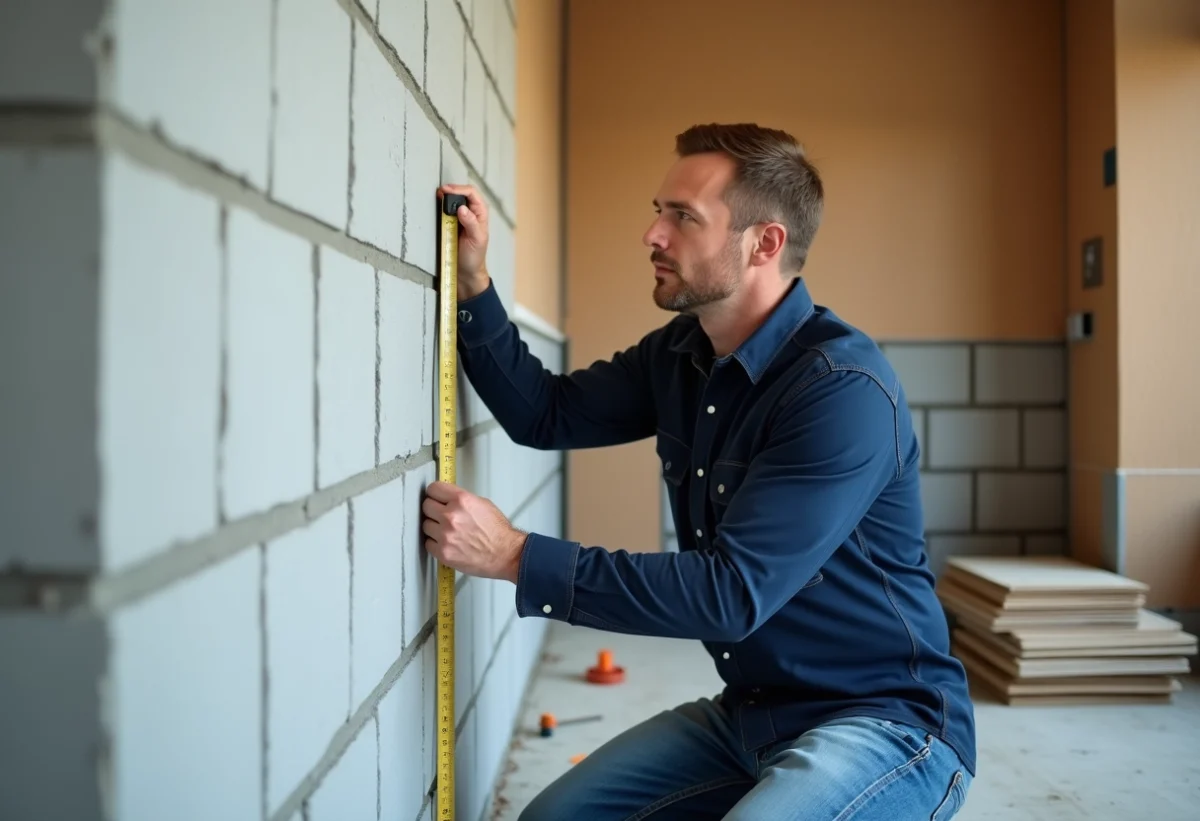 Ouvrier de construction mesurant un mur en béton
