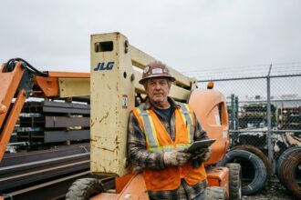 Ouvrier de construction avec grue hydraulique en extérieur