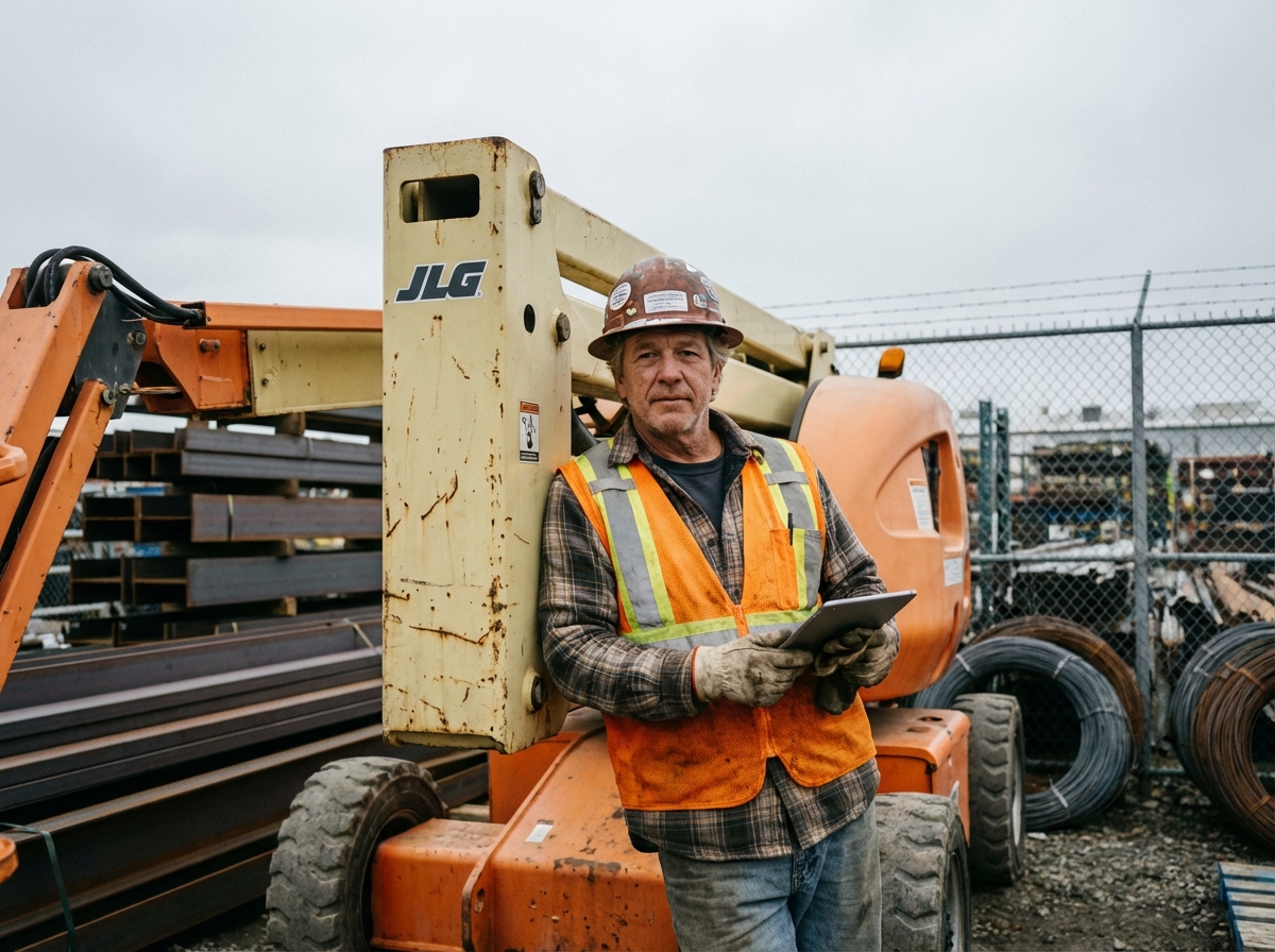 Ouvrier de construction avec grue hydraulique en extérieur