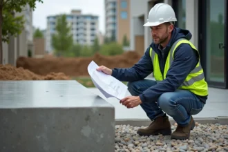 Ouvrier en construction vérifiant un dallage en béton