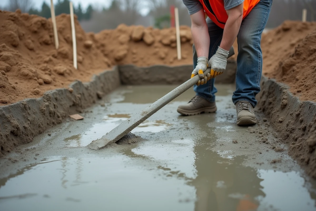Ouvrier nivelant une dalle de béton fraîchement coulée lors d'une pose de fondation résidentielle