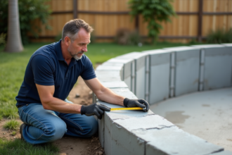 Ouvrier pose béton piscine hors sol en extérieur