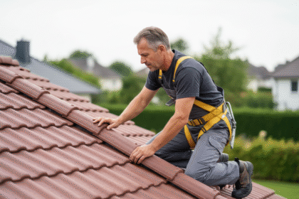 Ouvrier en travaux de toiture appliquant l'étanchéité sur un toit moderne