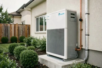 Pompe à chaleur air-eau Daikin installée en extérieur sur une maison individuelle moderne