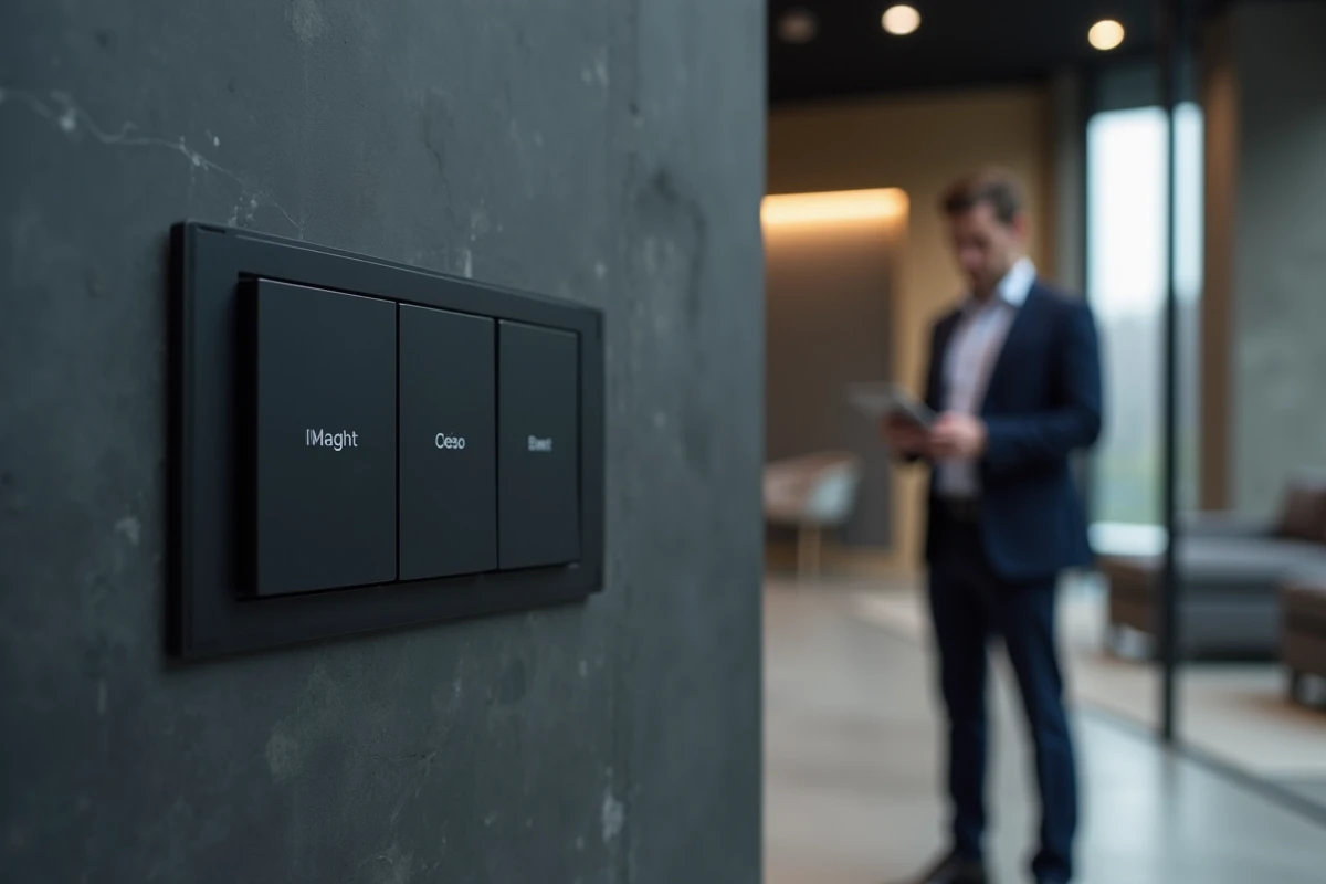 Panneau de boutons poussoirs design encastrés dans un mur en béton gris dans un bureau moderne haut de gamme