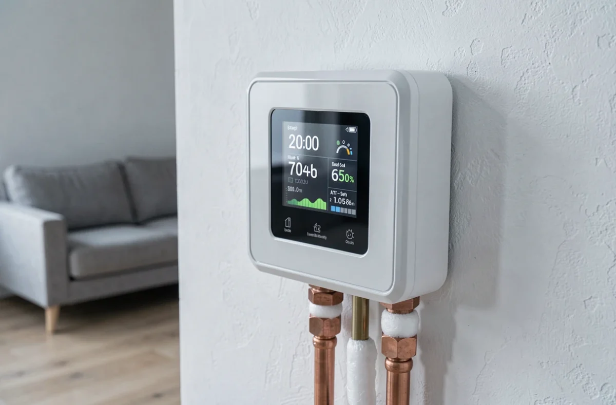 Panneau de contrôle numérique d'une pompe à chaleur Daikin 16 kW installée dans un salon moderne