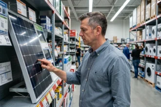 Homme comparant des panneaux solaires en rayon dans un magasin de bricolage