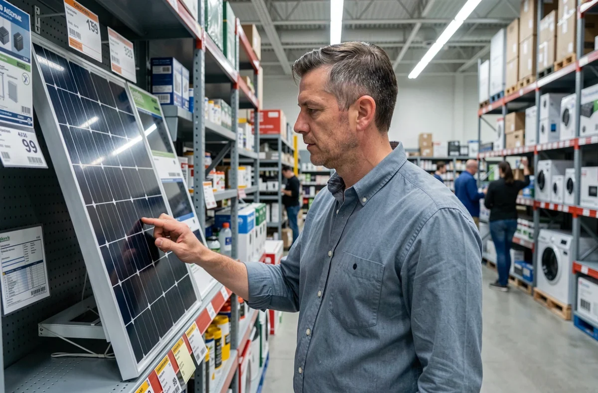 Homme comparant des panneaux solaires en rayon dans un magasin de bricolage