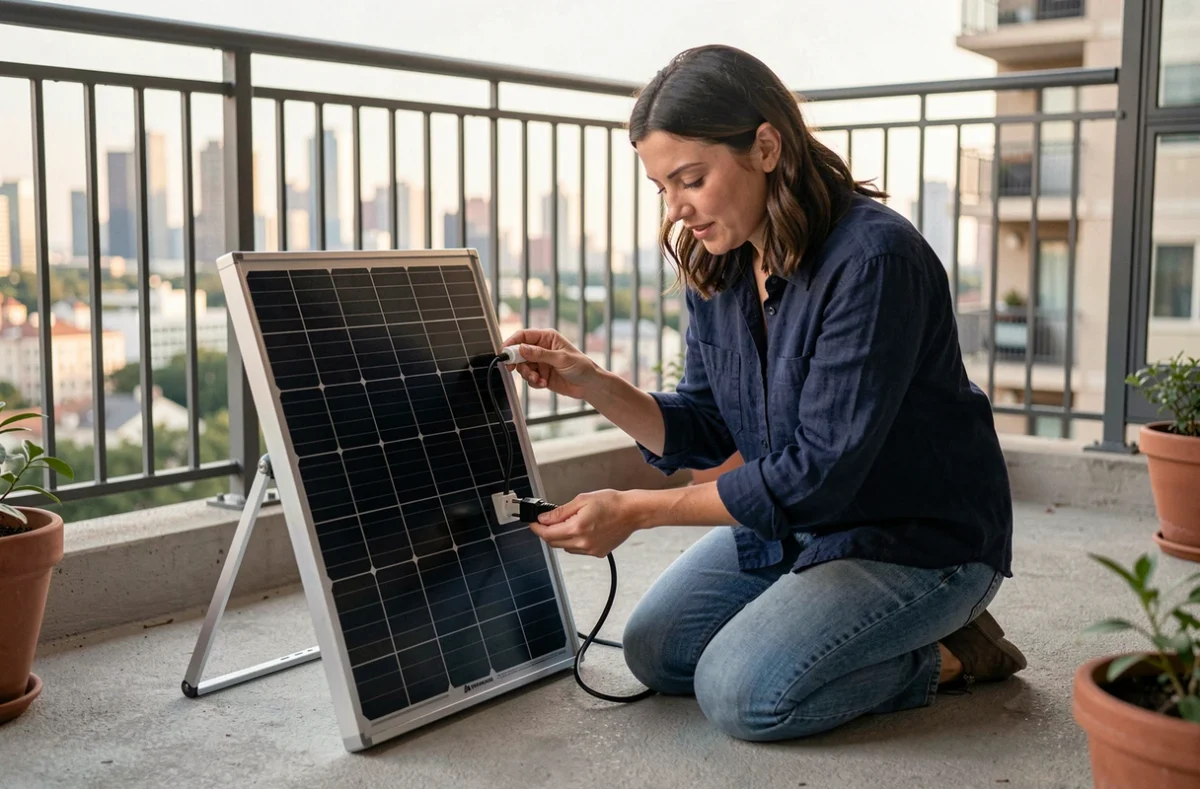 Femme installant un panneau solaire avec prise intégrée sur un balcon d'appartement en ville
