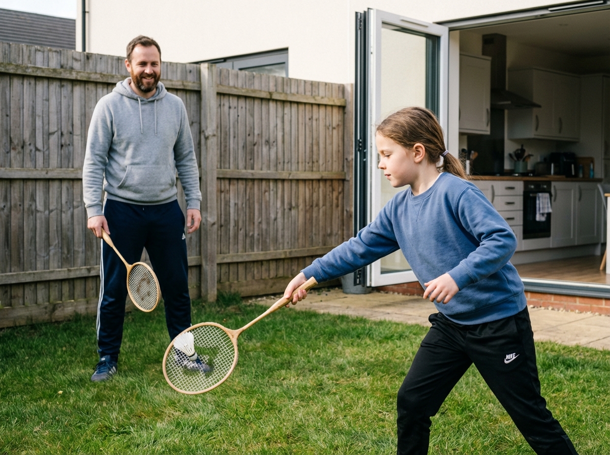 Un père et sa fille jouent au badminton dans le jardin