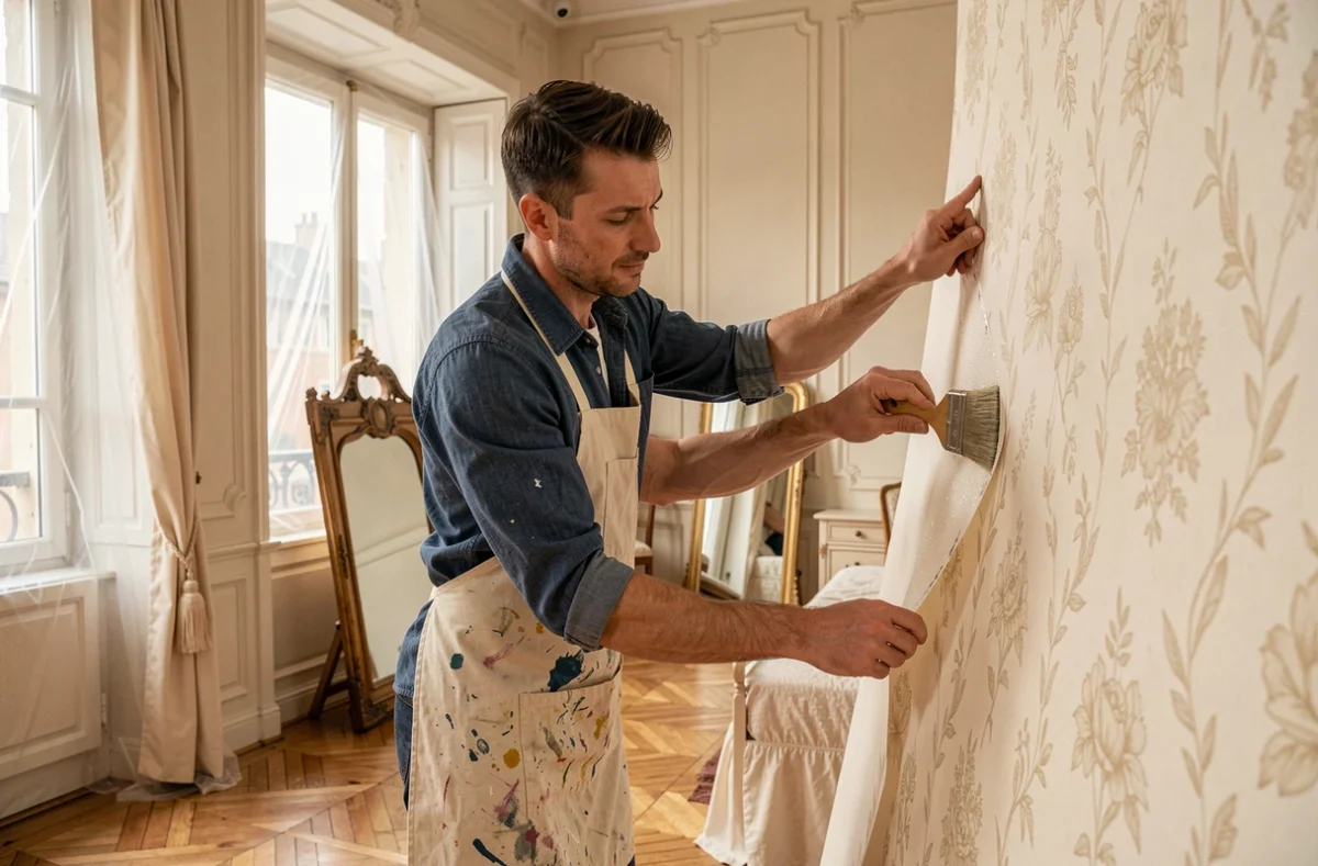 Peintre décorateur posant du papier peint texturé dans une chambre de style haussmannien à Hayange