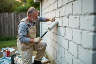 Peintre professionnel appliquant de la peinture maçonnerie sur un mur en parpaing extérieur avec un rouleau large