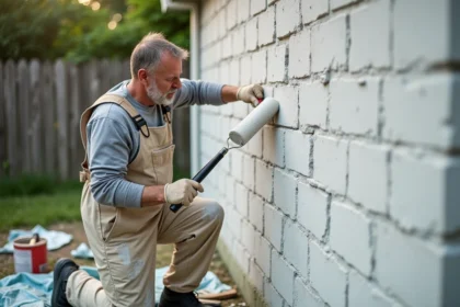 Peintre professionnel appliquant de la peinture maçonnerie sur un mur en parpaing extérieur avec un rouleau large