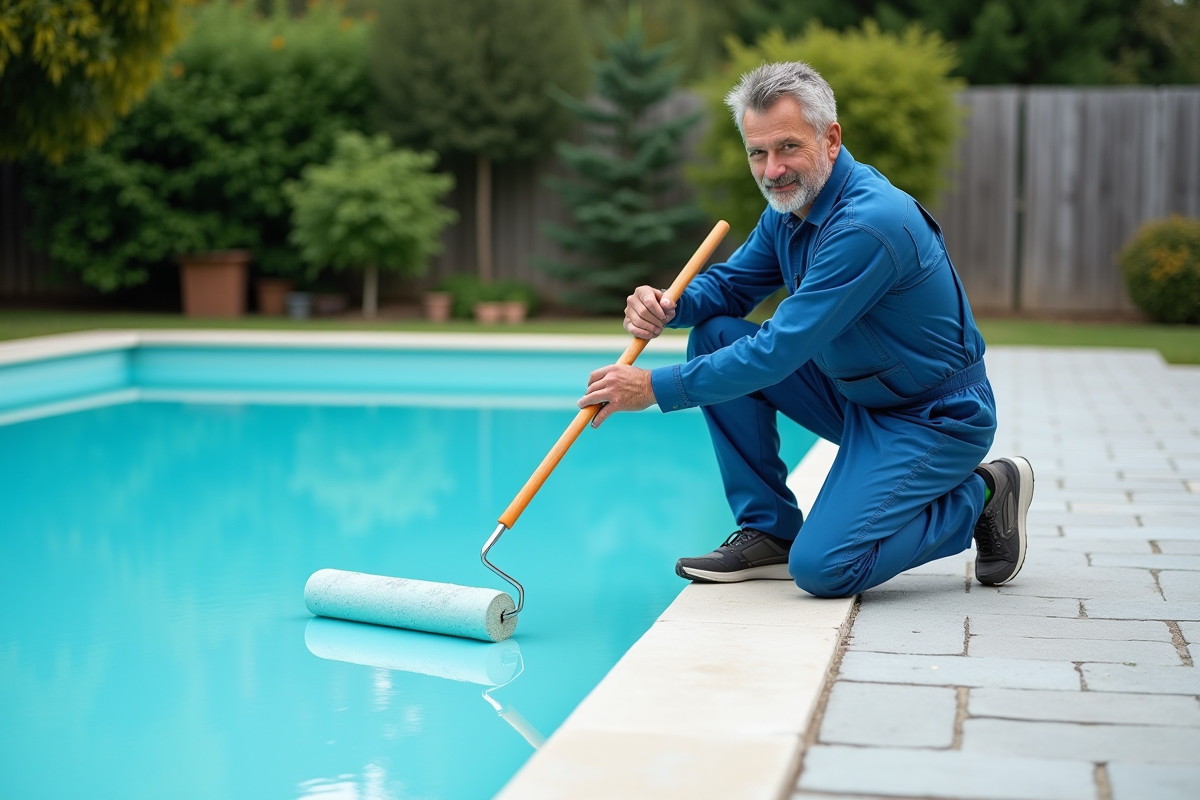 Homme en combinaison bleue peignant une piscine extérieure