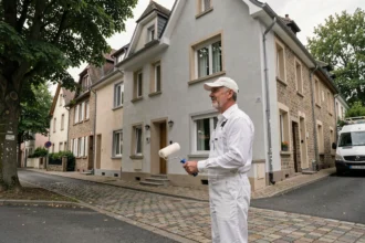 Peintre en bâtiment professionnel devant une maison rénovée en Moselle