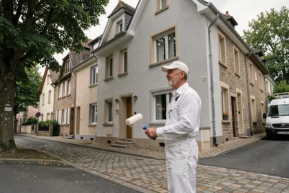 Peintre en bâtiment professionnel devant une maison rénovée en Moselle