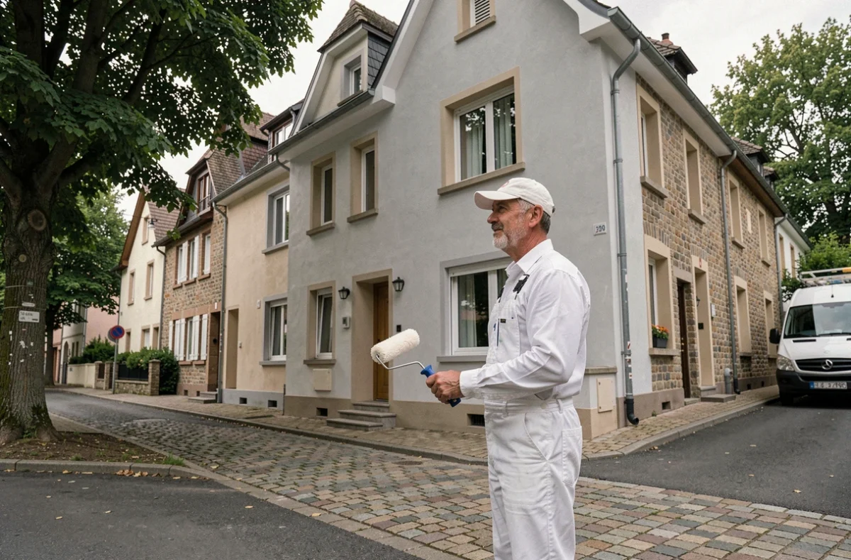 Peintre en bâtiment professionnel devant une maison rénovée en Moselle