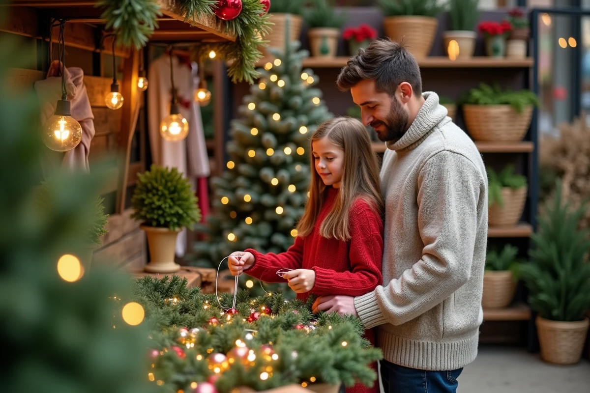 Père et fille choisissant des guirlandes de Noël en centre de jardin