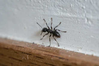 Petite bête noire sur un mur blanc intérieur près d'une plinthe en bois, insecte domestique en gros plan macro réaliste